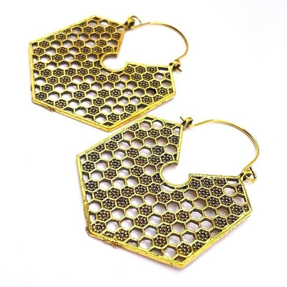 Yellow Gold Boho Style Hexagon Honeycomb Dangling Hinged Hook Earrings - Picture 3 of 6